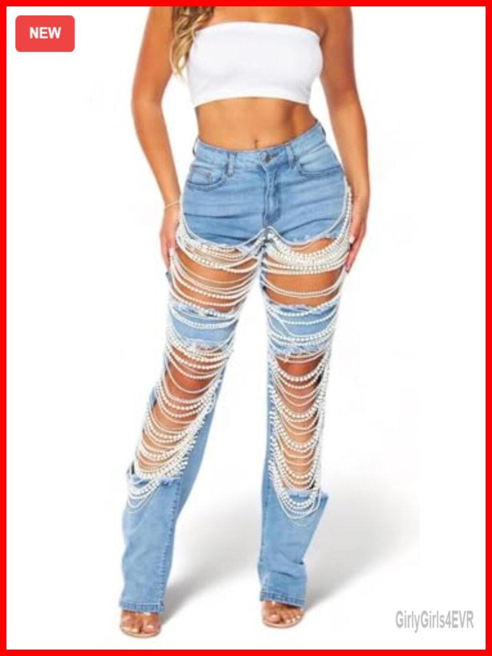 Women's Cut Out Straight Leg Mid Rise Ripped Rhinestone Pearl Beaded Denim Jeans